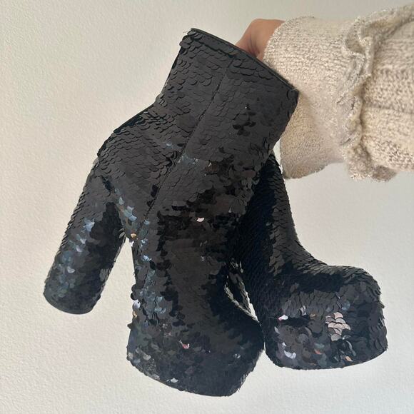Black Sequin Platform Boots - Picture 2 of 8